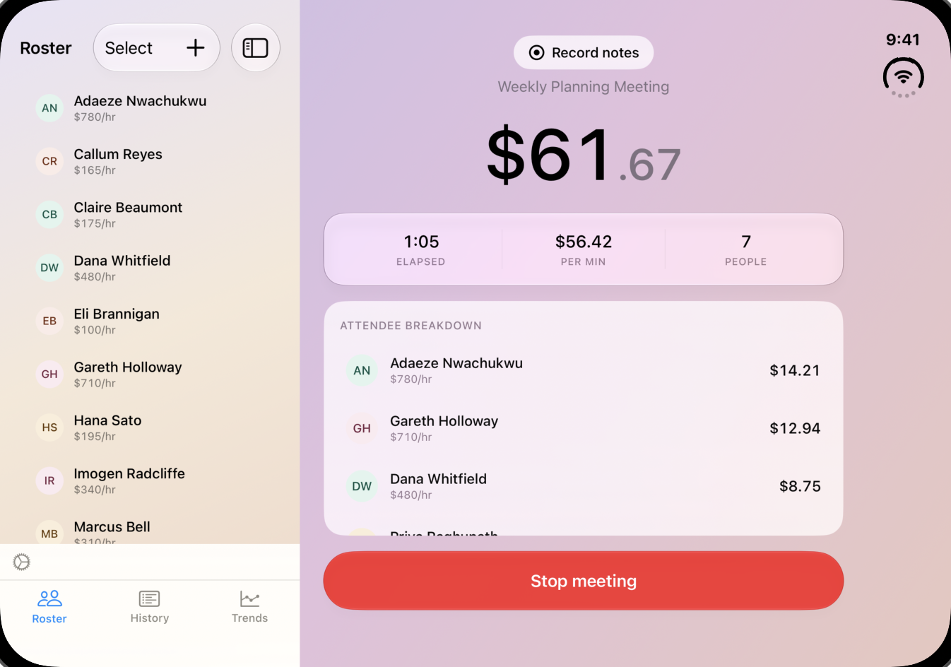 Minuted on the unfolded iPhone Duo: the roster on the left, a Weekly Planning Meeting running at $61.67 on the right.
