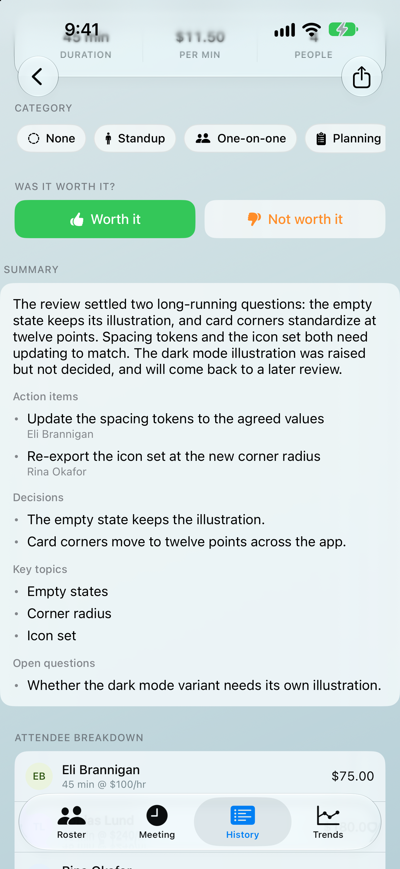 A finished meeting in Minuted with generated notes: a summary paragraph, action items with named owners, decisions, key topics and open questions.