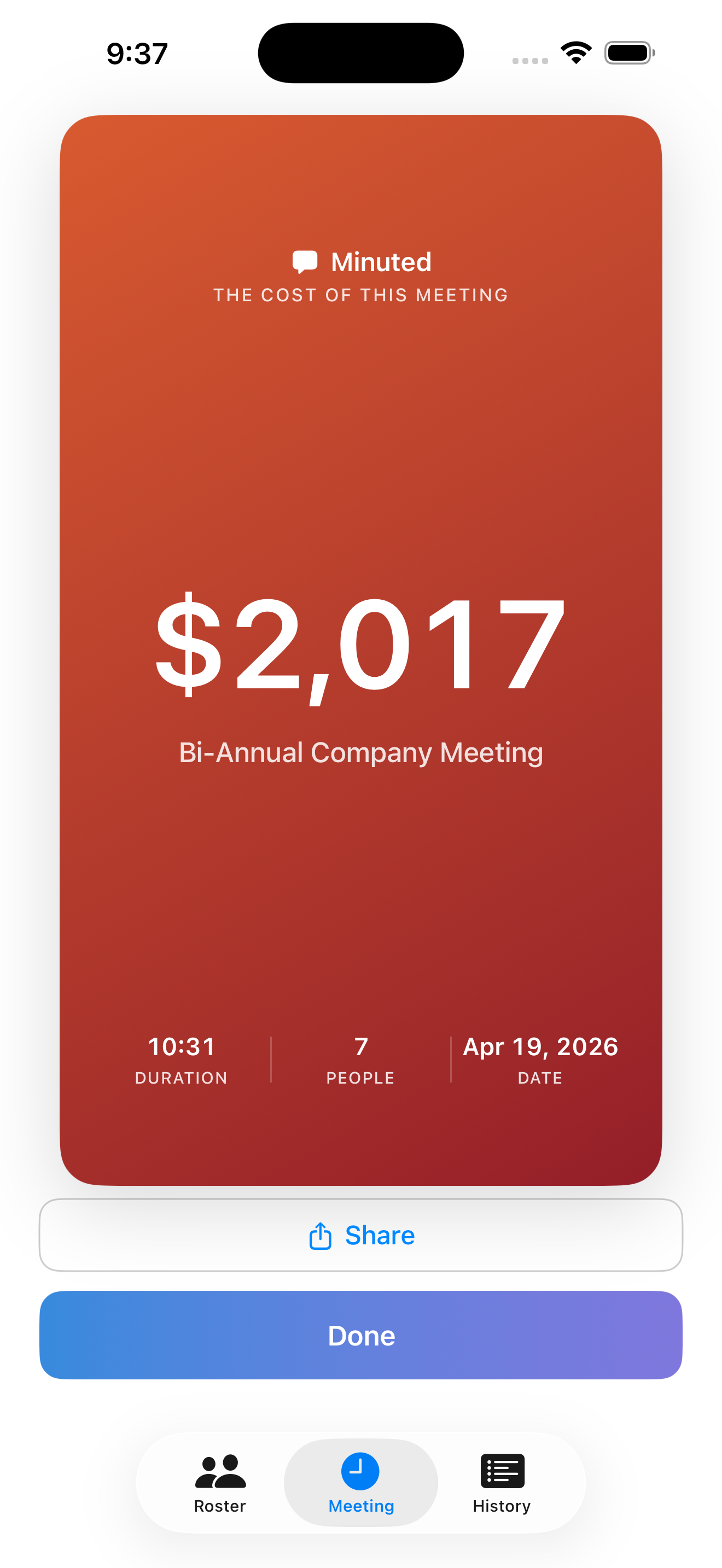 Minuted share card showing a finished meeting that cost $2,017 on a red gradient