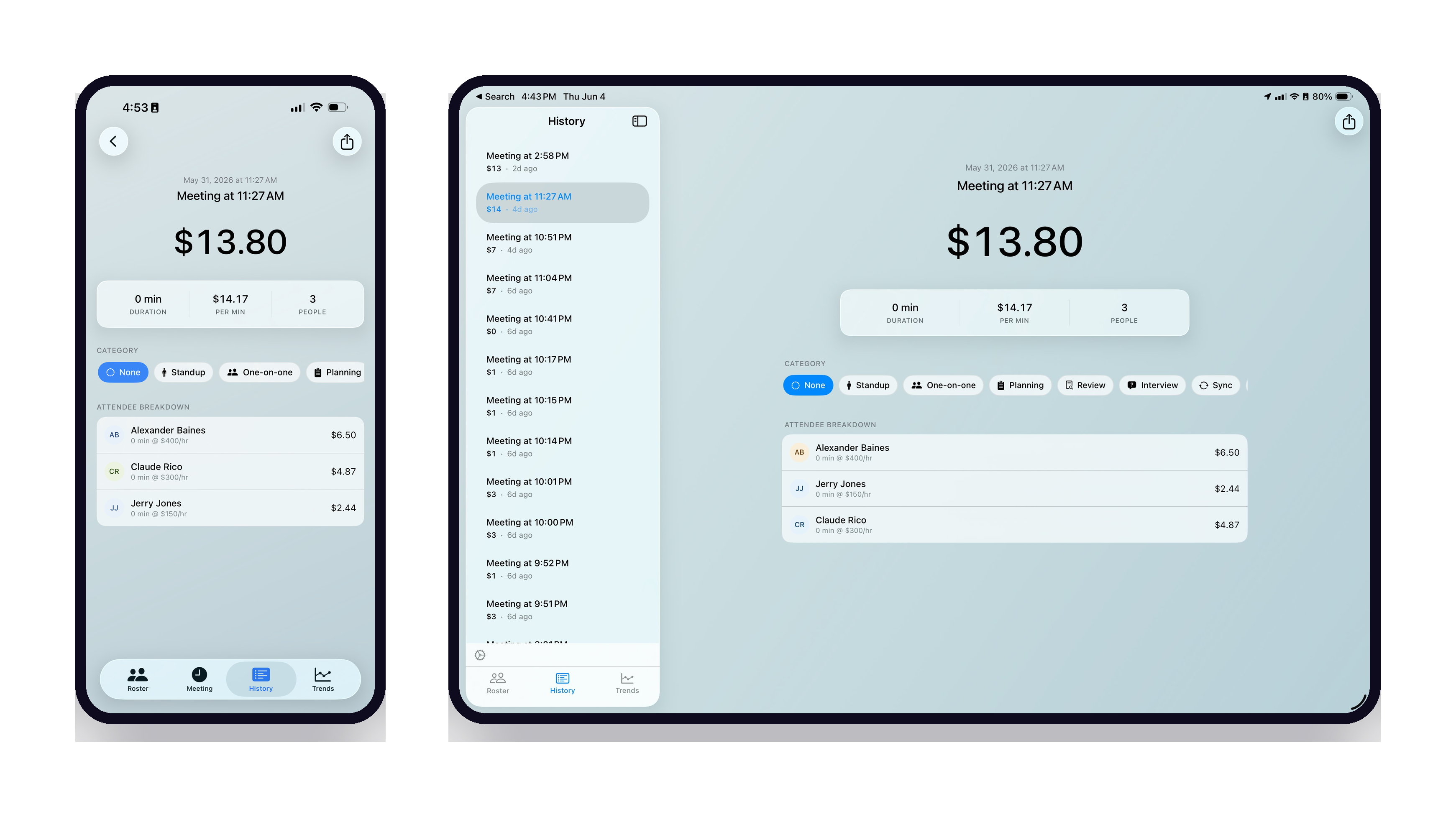 The same Minuted meeting open on an iPhone and an iPad side by side, both showing the identical running total, demonstrating iCloud sync across devices